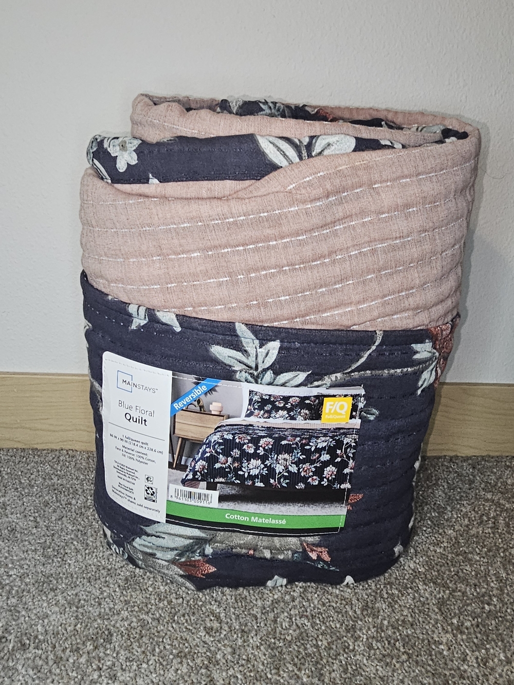 Mainstays Reversible Navy Floral and Blush Quilt